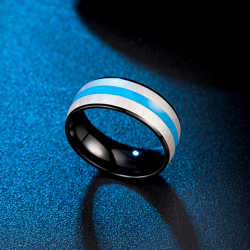 Stainless Steel Inner & Outer Arc Three-Color Blue Ribbon Ring – Men's Glue