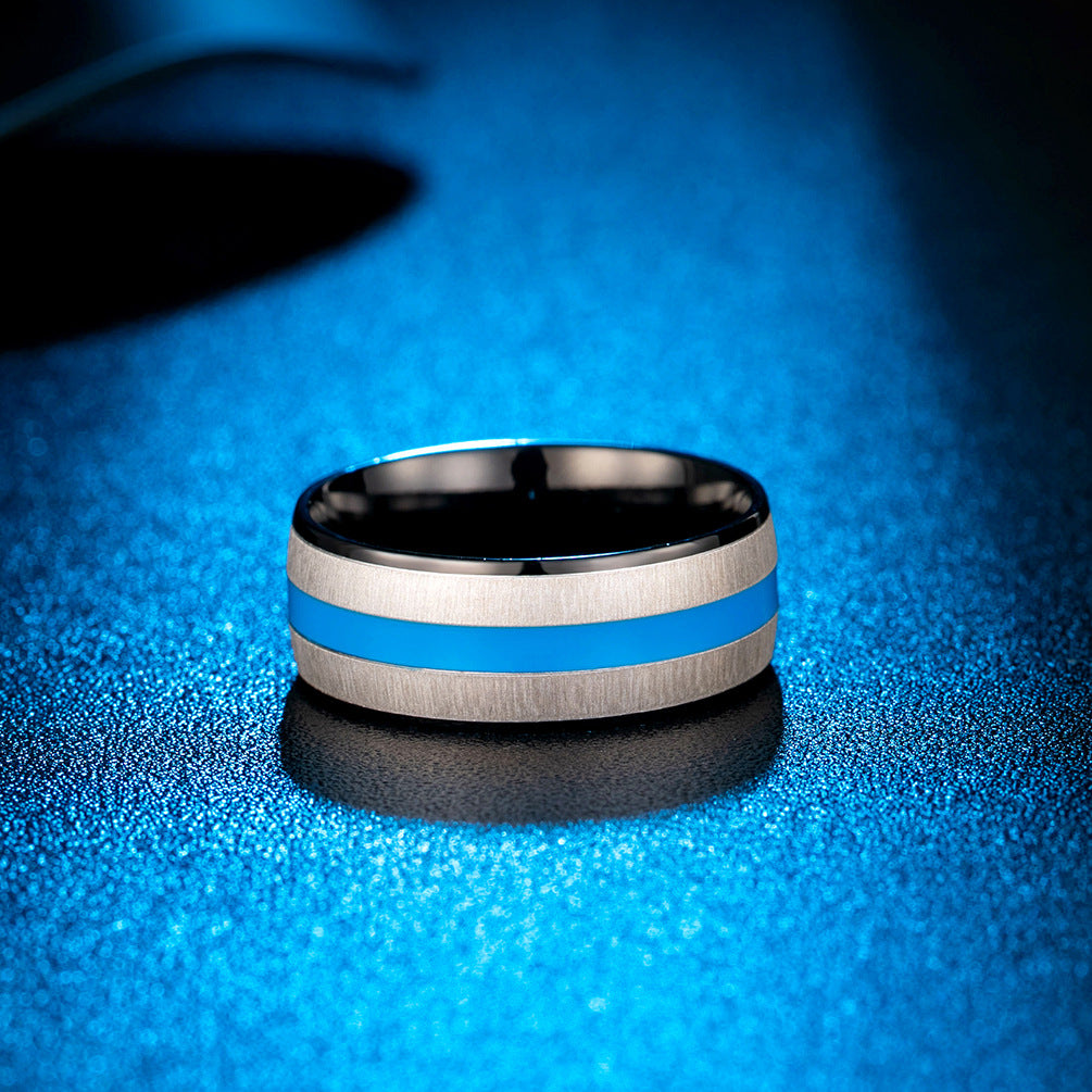 Stainless Steel Inner & Outer Arc Three-Color Blue Ribbon Ring – Men's Glue