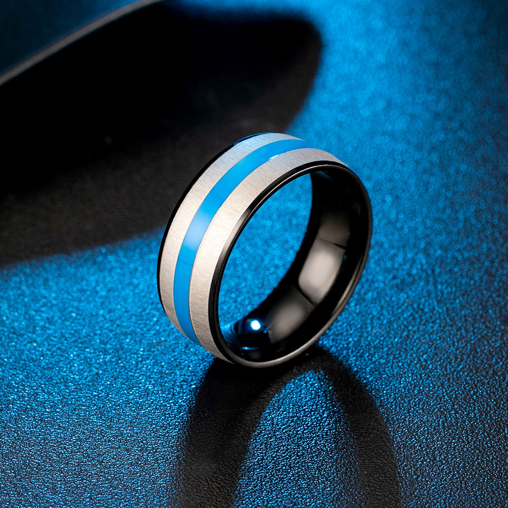Stainless Steel Inner & Outer Arc Three-Color Blue Ribbon Ring – Men's Glue