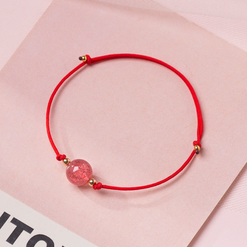 Handmade Forest Style Strawberry Crystal Bracelet for Women - Minimalist Pink Bead Bracelet