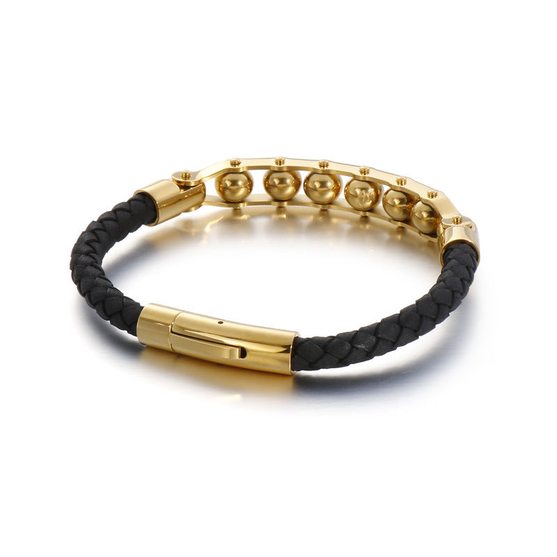 Men's Woven Leather Bracelet with Titanium Steel Six-Character Mantra Round Beads – European and American Fashion Trend