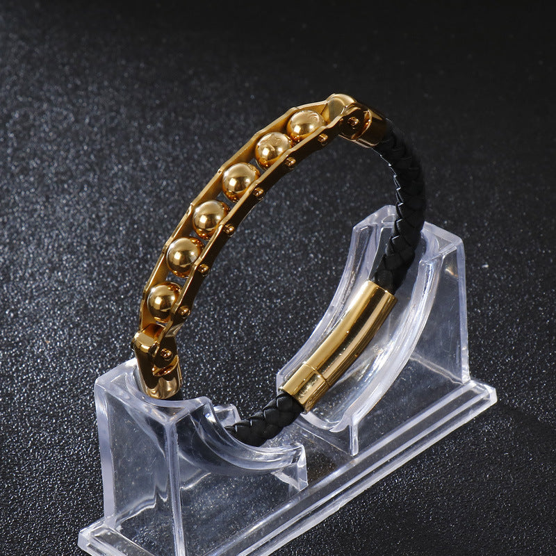 Men's Woven Leather Bracelet with Titanium Steel Six-Character Mantra Round Beads – European and American Fashion Trend