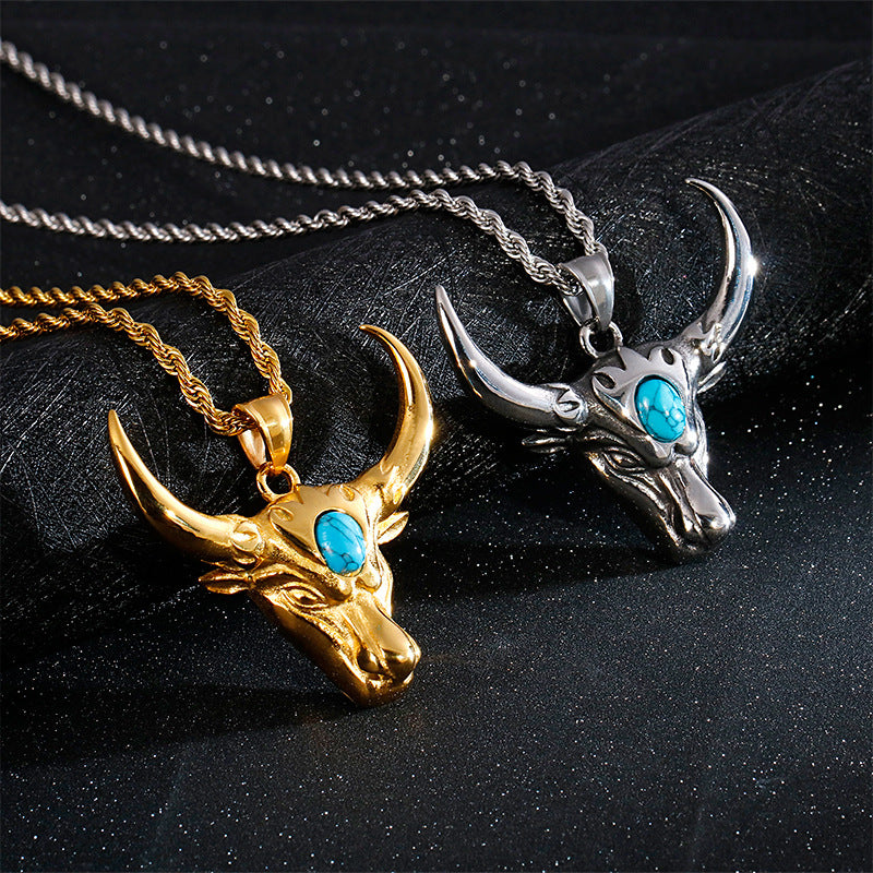 Retro Punk Stainless Steel Turquoise Horn Pendant for Men - European and American Style Jewelry