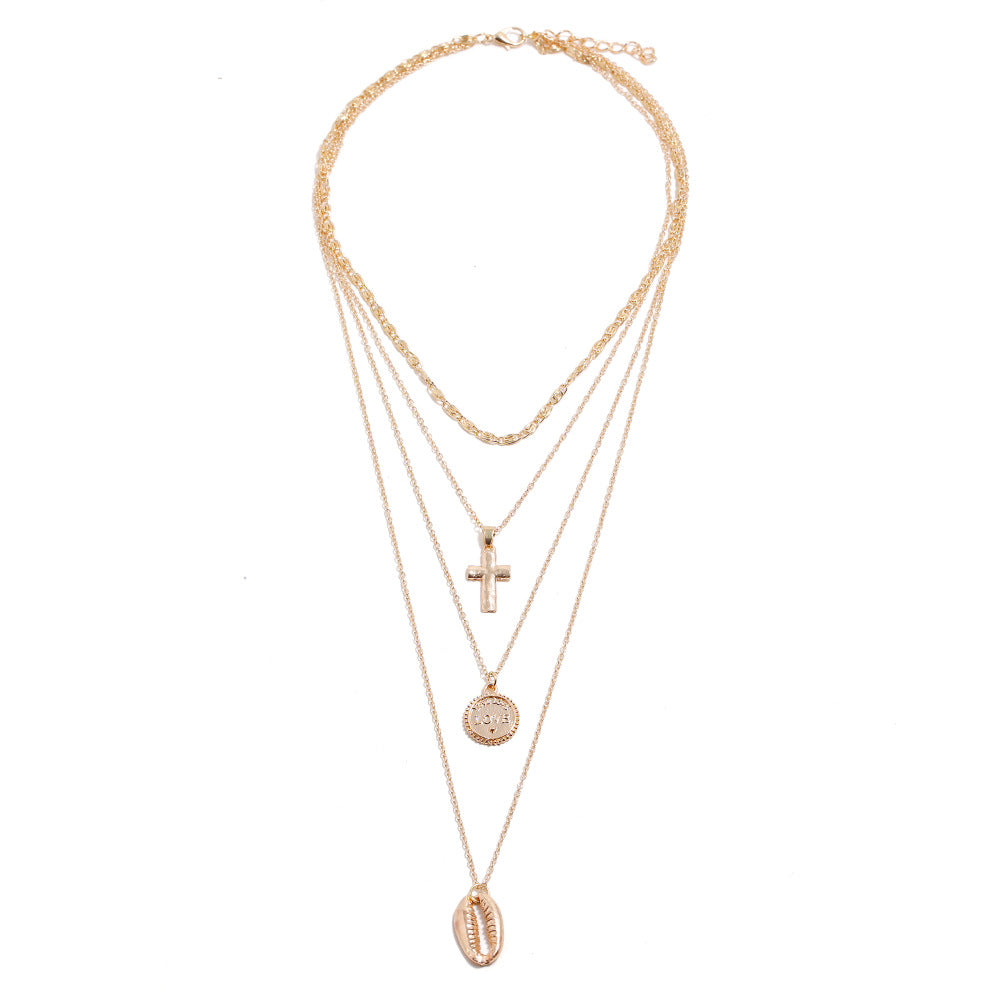 Fashionable Multi-layer Shell Gold Coin Pendant Necklace with Cross Pendant
