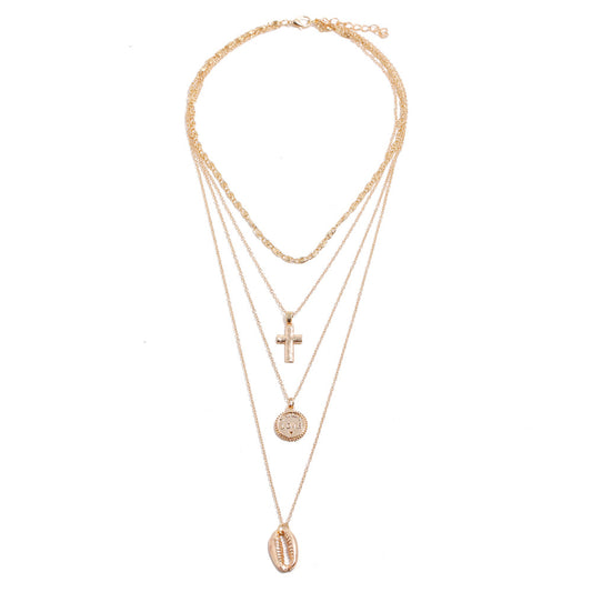 Fashionable Multi-layer Shell Gold Coin Pendant Necklace with Cross Pendant
