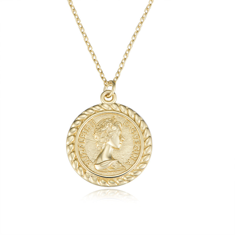 S925 Sterling Silver Portrait Relief Queen Coin Necklace Personality Hipster Retro