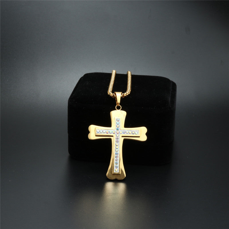 Trendy Titanium Steel Zircon Cross Pendant Necklace for Men - European and American Style Gift