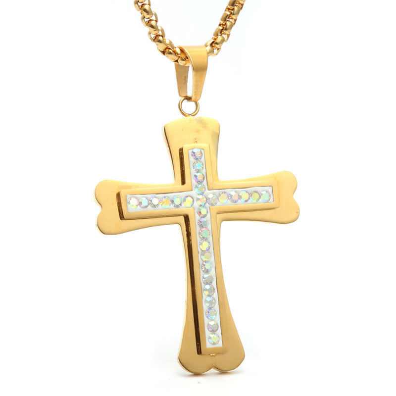 Trendy Titanium Steel Zircon Cross Pendant Necklace for Men - European and American Style Gift