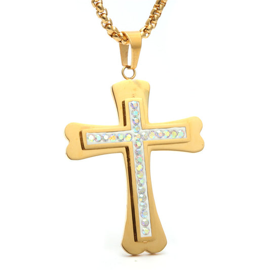 Trendy Titanium Steel Zircon Cross Pendant Necklace for Men - European and American Style Gift