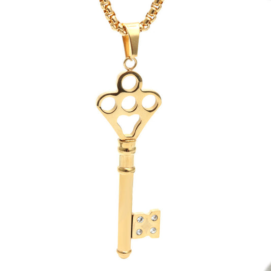 Trendy Titanium Steel Key Pendant Necklace for Women with Zircon Accents - Stylish Gift from Planderful's Everyday Genie Collection