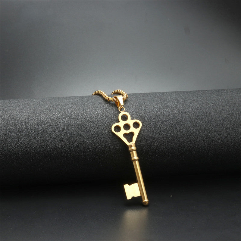 Trendy Titanium Steel Key Pendant Necklace for Women with Zircon Accents - Stylish Gift from Planderful's Everyday Genie Collection