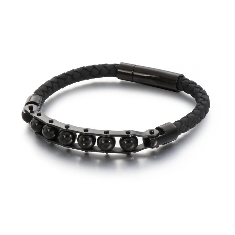 Men's Woven Leather Bracelet with Titanium Steel Six-Character Mantra Round Beads – European and American Fashion Trend