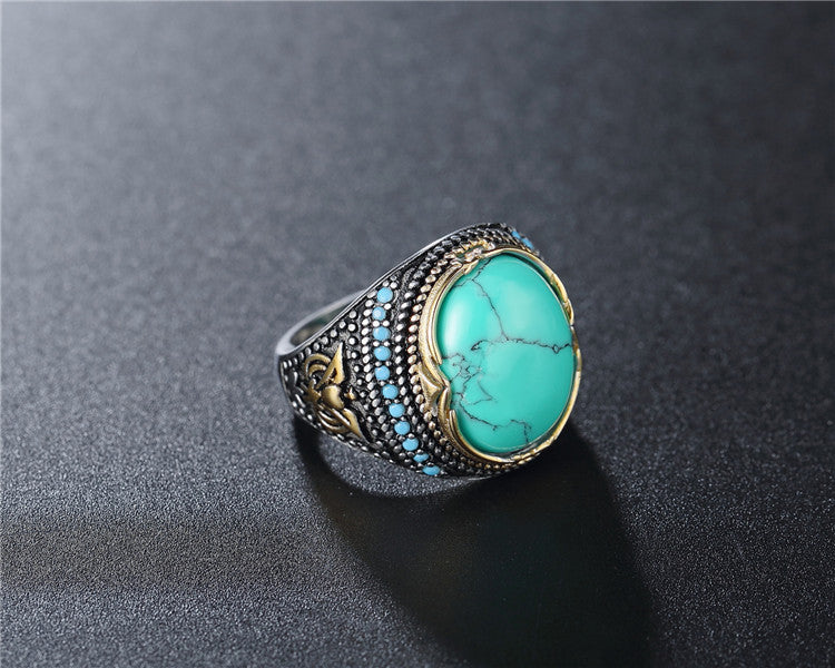 Planderful Turquoise Oval Titanium Steel Ring for Men and Women Unisex Vintage Punk Statement