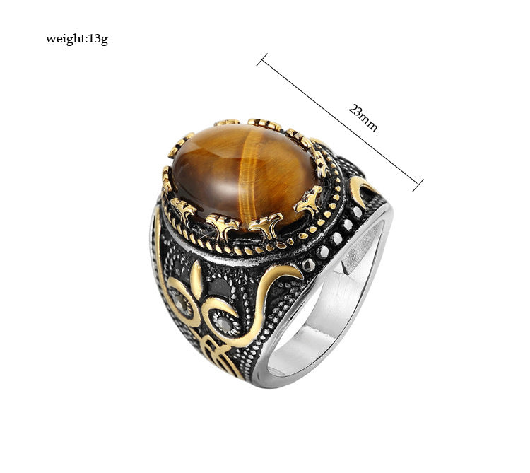 Planderful Titanium Steel Oval Gemstone Ring Unisex Punk Retro European American Style For Men Protection