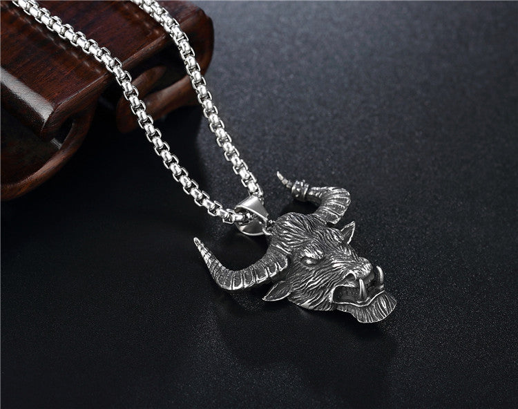 Planderful Bull Head Pendant Necklace Titanium Steel Personalized Retro Horn For Men Unisex Protection