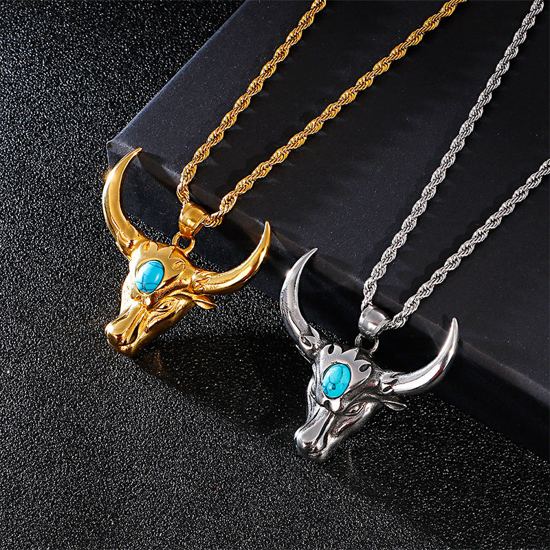 Retro Punk Stainless Steel Turquoise Horn Pendant for Men - European and American Style Jewelry