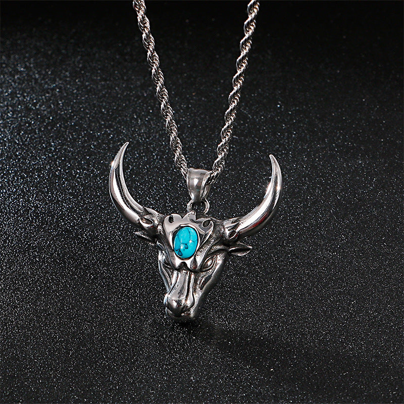 Retro Punk Stainless Steel Turquoise Horn Pendant for Men - European and American Style Jewelry