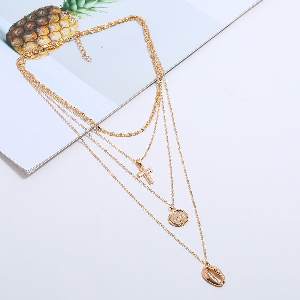 Fashionable Multi-layer Shell Gold Coin Pendant Necklace with Cross Pendant