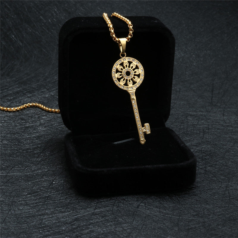 Trendy Titanium Steel Key Pendant Necklace with Full Zircon for Women - Stylish Gift from Planderful Collection