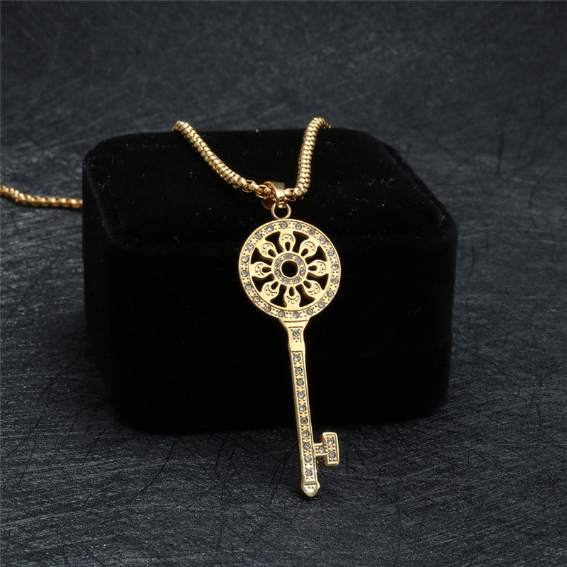 Trendy Titanium Steel Key Pendant Necklace with Full Zircon for Women - Stylish Gift from Planderful Collection