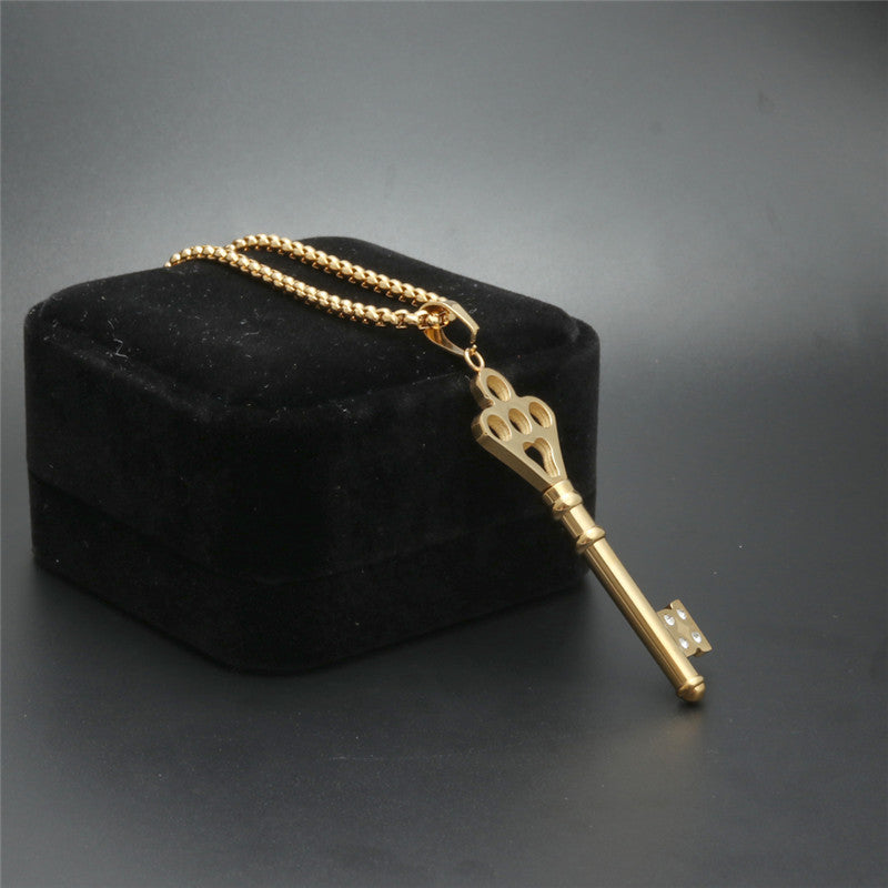Trendy Titanium Steel Key Pendant Necklace for Women with Zircon Accents - Stylish Gift from Planderful's Everyday Genie Collection