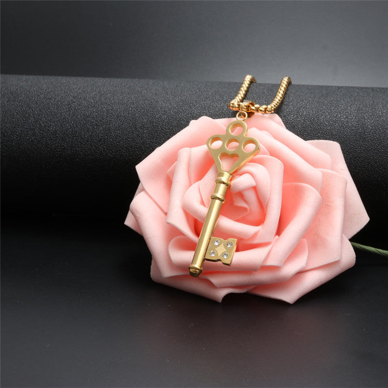 Trendy Titanium Steel Key Pendant Necklace for Women with Zircon Accents - Stylish Gift from Planderful's Everyday Genie Collection