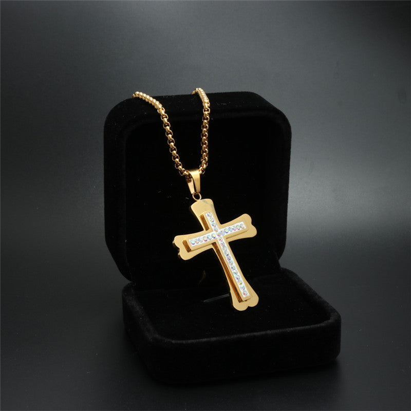 Trendy Titanium Steel Zircon Cross Pendant Necklace for Men - European and American Style Gift