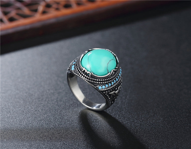 Planderful Turquoise Oval Titanium Steel Ring for Men and Women Unisex Vintage Punk Statement