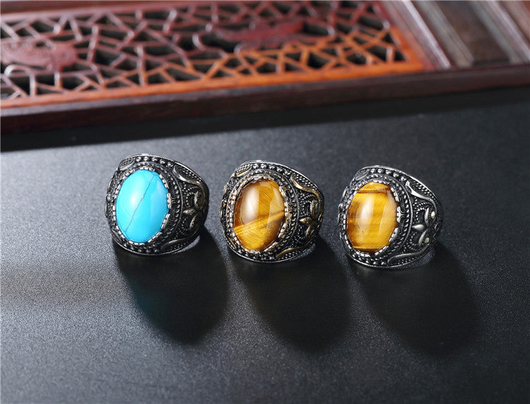 Planderful Titanium Steel Oval Gemstone Ring Unisex Punk Retro European American Style For Men Protection