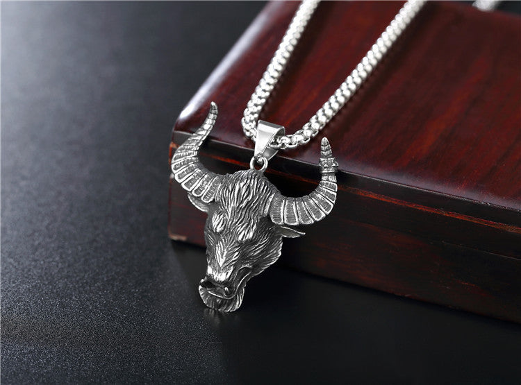 Planderful Bull Head Pendant Necklace Titanium Steel Personalized Retro Horn For Men Unisex Protection