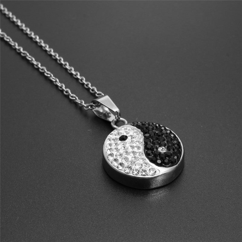 Trendy Titanium Steel Zircon Inlaid Round Pendant Necklace for Men and Women - Stainless Steel Bagua Design