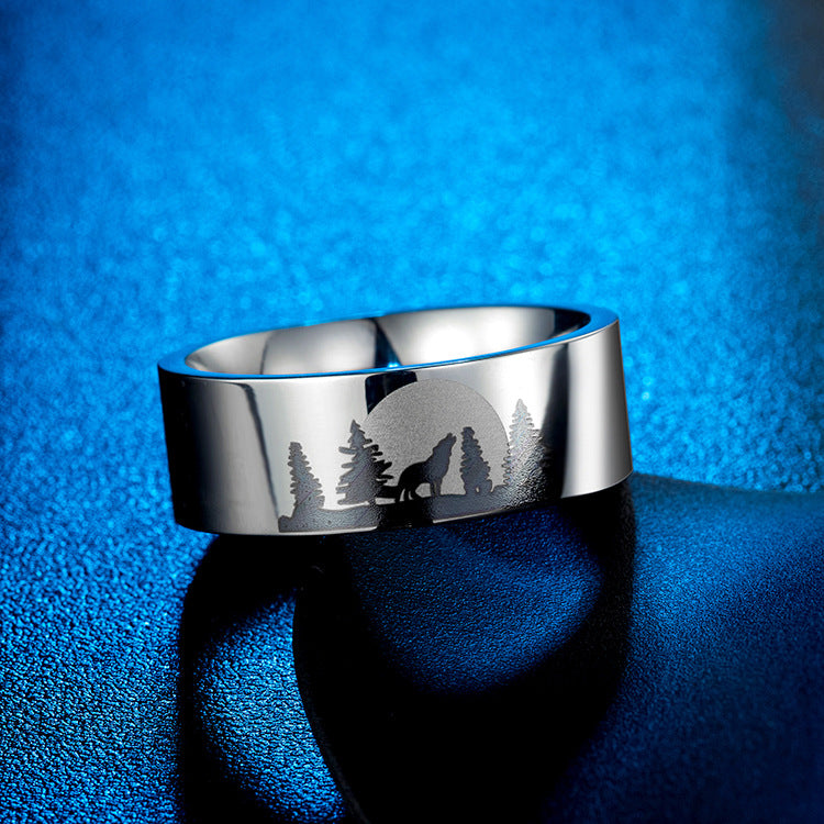 Lone Wolf Titanium Steel Ring Jewelry for Men at Night