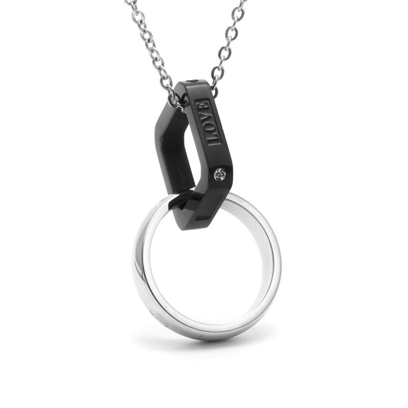 Trendy Titanium Steel Double Ring LOVE Pendant Necklace for Couples - Unisex Fashion Accessory