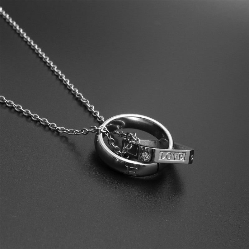 Trendy Titanium Steel Double Ring LOVE Pendant Necklace for Couples - Unisex Fashion Accessory