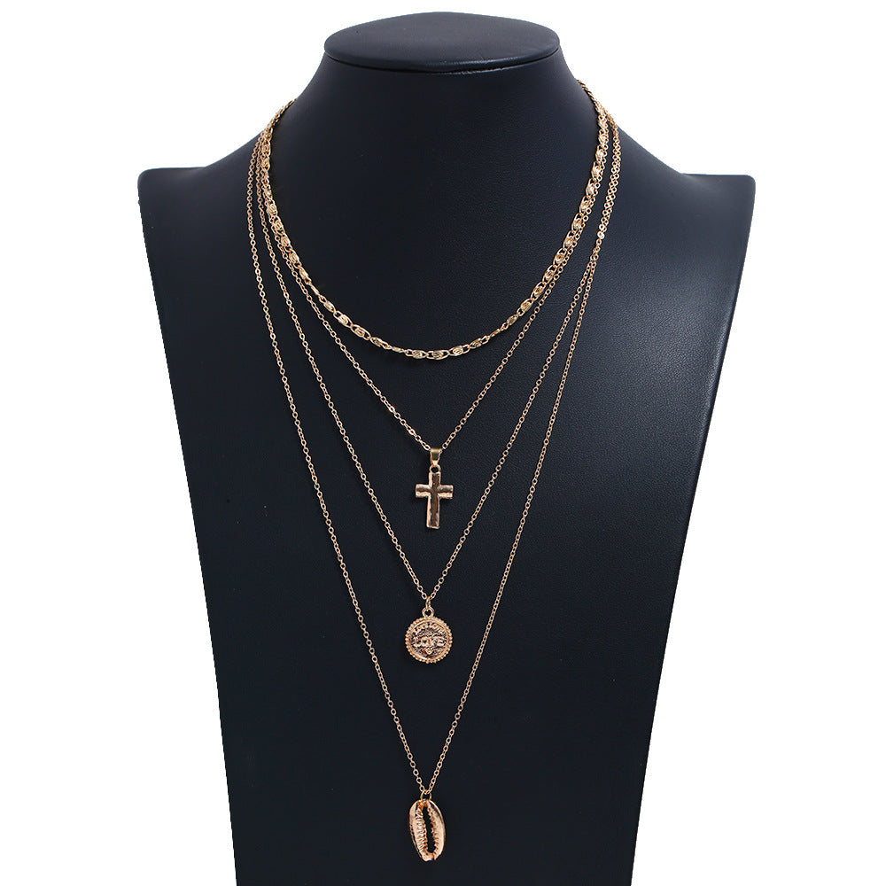 Fashionable Multi-layer Shell Gold Coin Pendant Necklace with Cross Pendant