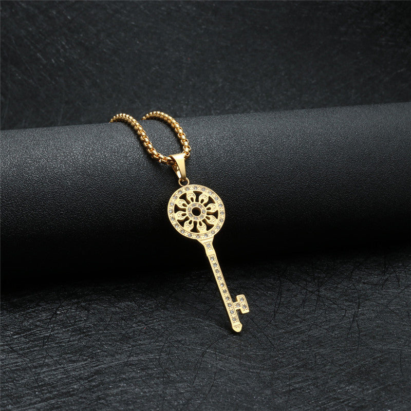 Trendy Titanium Steel Key Pendant Necklace with Full Zircon for Women - Stylish Gift from Planderful Collection