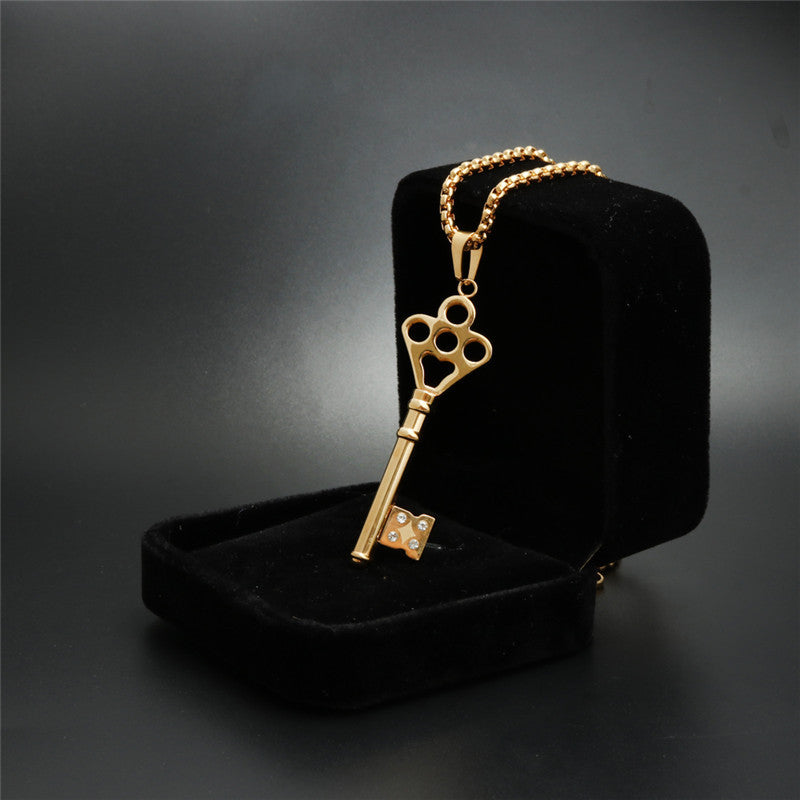 Trendy Titanium Steel Key Pendant Necklace for Women with Zircon Accents - Stylish Gift from Planderful's Everyday Genie Collection