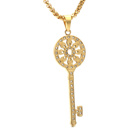 Trendy Titanium Steel Key Pendant Necklace with Full Zircon for Women - Stylish Gift from Planderful Collection