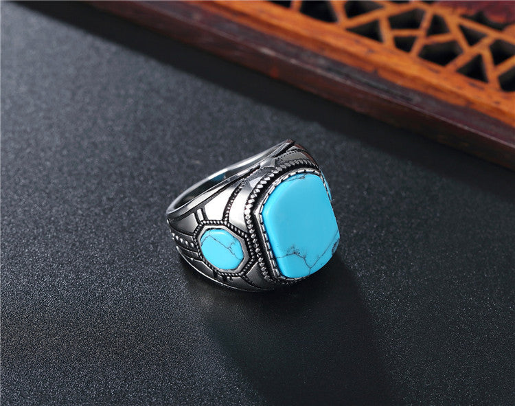 Planderful Turquoise Titanium Ring Unisex Retro Style Protection Statement Jewelry