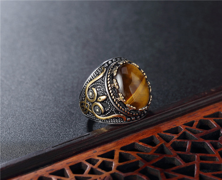 Planderful Titanium Steel Oval Gemstone Ring Unisex Punk Retro European American Style For Men Protection