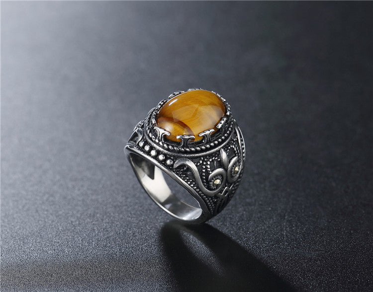 Planderful Titanium Steel Oval Gemstone Ring Unisex Punk Retro European American Style For Men Protection