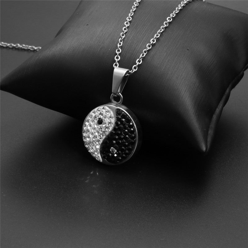 Trendy Titanium Steel Zircon Inlaid Round Pendant Necklace for Men and Women - Stainless Steel Bagua Design