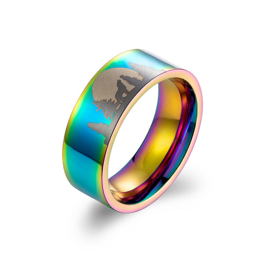 Lone Wolf Titanium Steel Ring Jewelry for Men at Night
