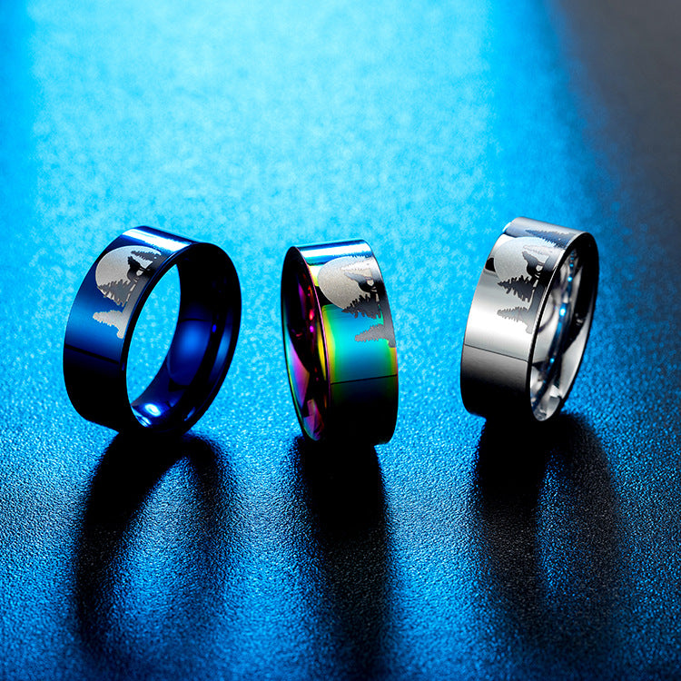 Lone Wolf Titanium Steel Ring Jewelry for Men at Night