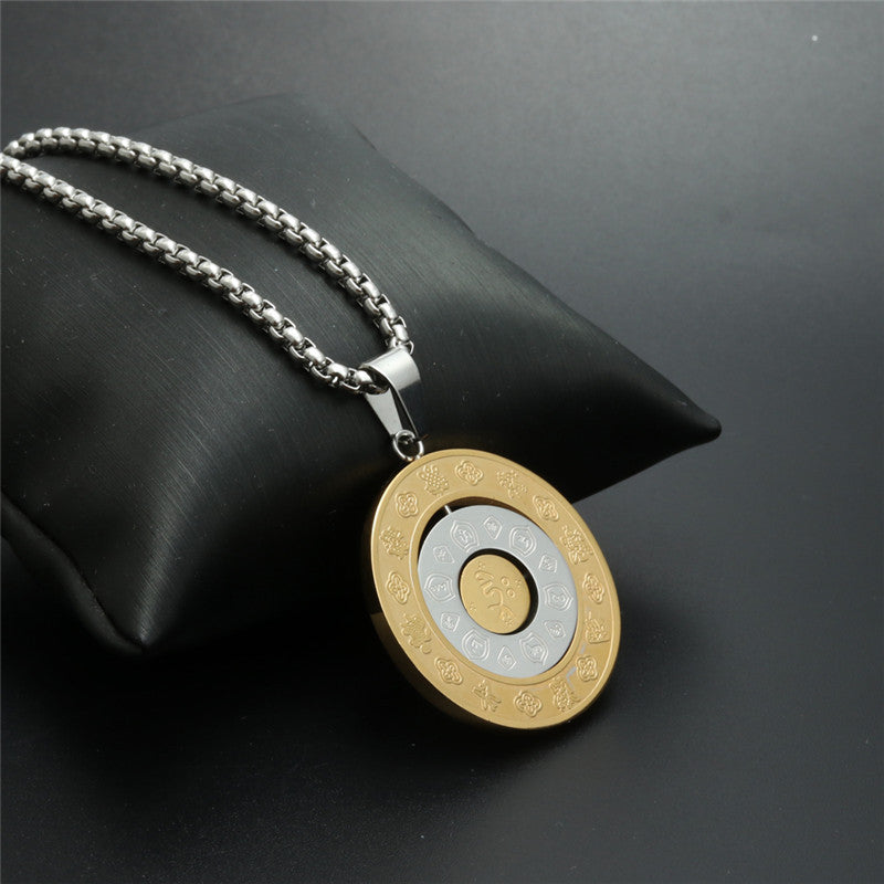 Titanium Steel Zodiac Pendant Necklace for Men - Rotating Round Design Holiday Gift