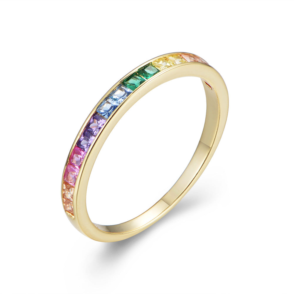 Accessories S925 Sterling Silver Micro-Inlaid Square Rainbow Zircon Ring Jewelry