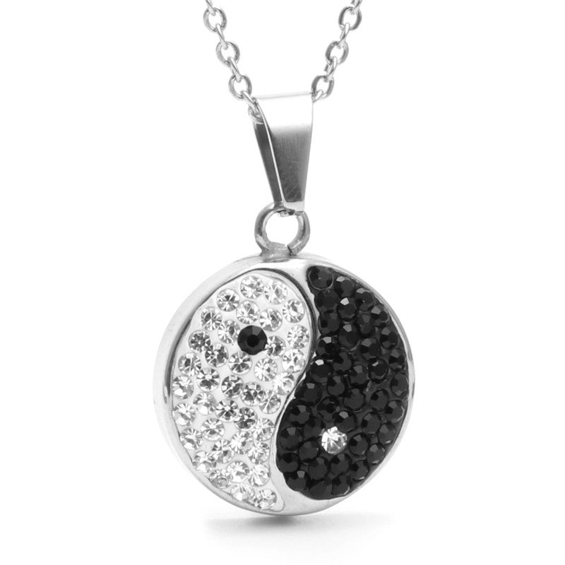 Trendy Titanium Steel Zircon Inlaid Round Pendant Necklace for Men and Women - Stainless Steel Bagua Design