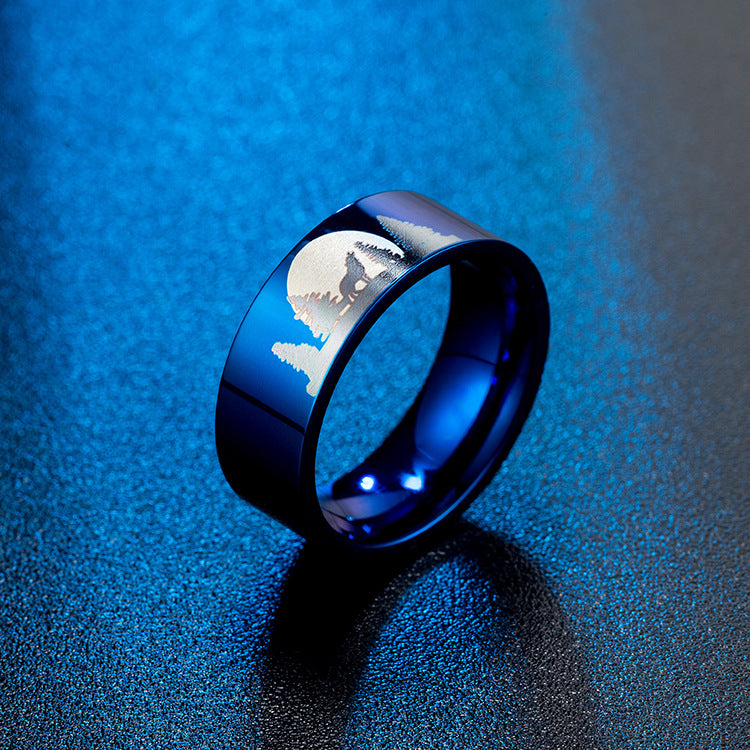 Lone Wolf Titanium Steel Ring Jewelry for Men at Night