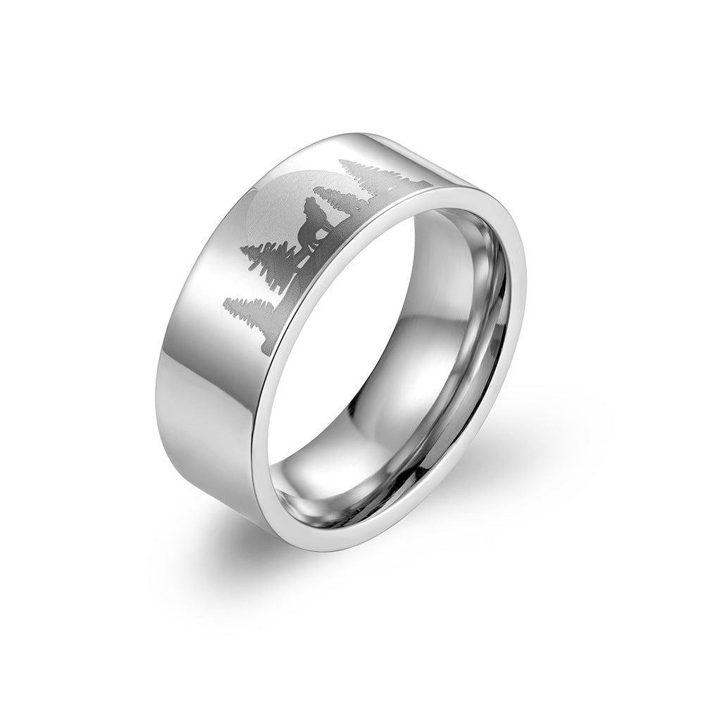 Lone Wolf Titanium Steel Ring Jewelry for Men at Night