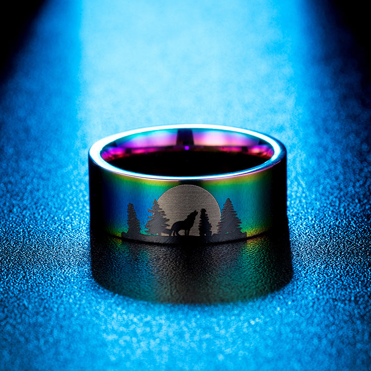 Lone Wolf Titanium Steel Ring Jewelry for Men at Night